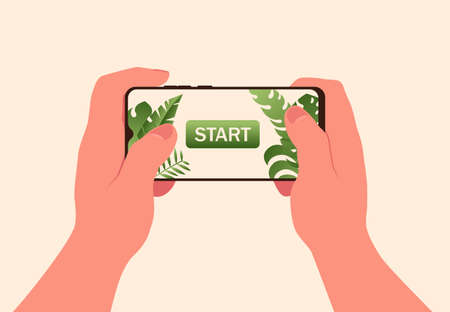Two hands holding horizontally smartphone with game button start. Mobile gaming concept