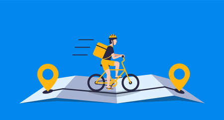 Courier with package using bicycle ride on the online map for delivery concept online deliveryのイラスト素材