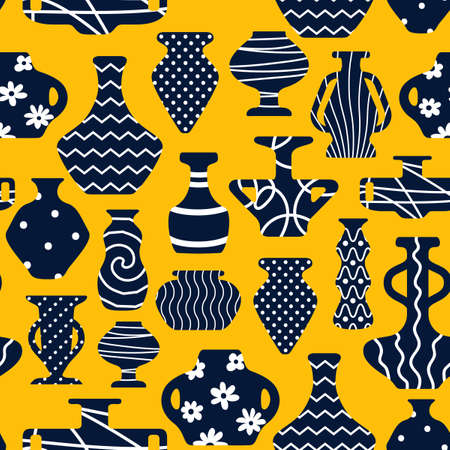 Antique ceramic vases and clay pottery shape silhouette with ornaments seamless pattern vector illustrationのイラスト素材
