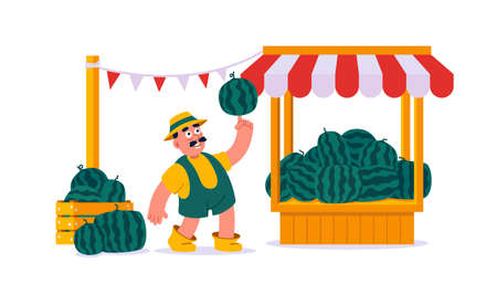 Man farmer sells watermelons at outdoor market stall. Flat cartoon vector illustration isolated on white backgroundのイラスト素材