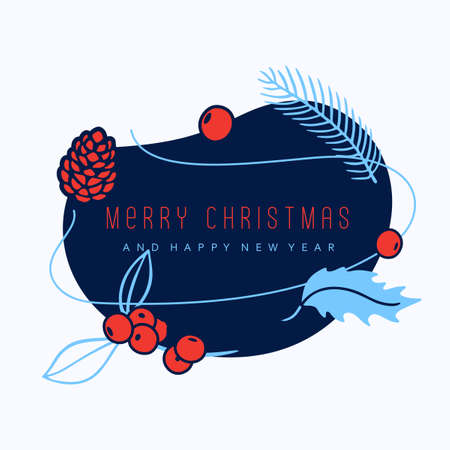 Trendy merry christmas and happy new year shape element with holly leaves and rowan red berries for greeting card or christmas celebration bannerのイラスト素材
