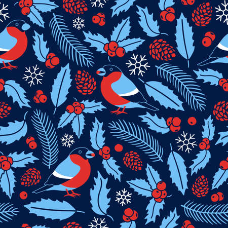 Bullfinch and winter plants seamless christmas pattern. Winter ornament with holly leaves, fir cone and rowan red berriesのイラスト素材