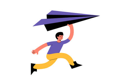 Man run with big paper airplane vector illustration. Concept startup new business entrepreneurship or abstract time to travelのイラスト素材
