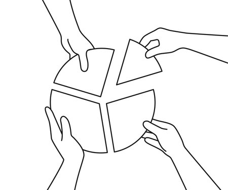 Line 4 hands with dividends piece of round chart. concept investment partnership vector illustrationのイラスト素材