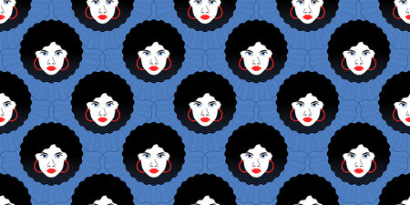 Beautiful face girl with afro hairstyle and earrings on outline abstract background seamless patternのイラスト素材