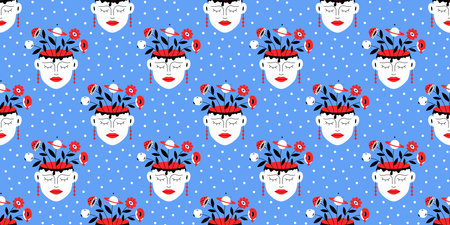 Girl with flowers and other objects from her head surreal metaphor depressed thoughts seamless pattern. concept surreal mental healthのイラスト素材