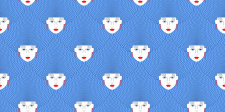 Retro woman with fashion abstract outline wavy hairstyle, glamor graphic geometric trendy style seamless pattern for beauty salon or hair salonのイラスト素材