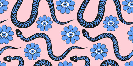 Abstract mystic spiritual blue flower with eye and snake with third eye simple geometric outline...