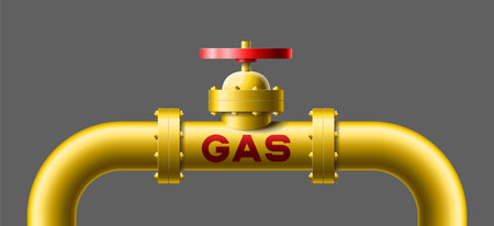 Yellow pipeline with big valve and red text gas on pipe vector illustration isolatedのイラスト素材