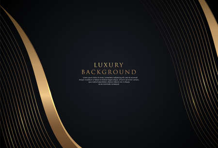 Abstract background golden line wave, luxury style. Shiny golden moving lines design element with glitter effect on dark background. Suitable as web banner, cover, card, template, poster. Vector illustrationのイラスト素材