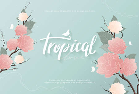 Tropical botanical background template design. Pink flowers and leaves on light blue background, minimalist vintage style. Graphic element hand drawn with pastel colors. Vector illustrationのイラスト素材