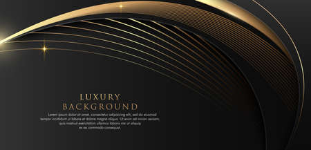 Modern abstract curve geometric shape on black background. Shiny glitter golden lines composition. Luxury and elegant style template graphic. Simple overlapping curve geometric design. Vector illustrationのイラスト素材