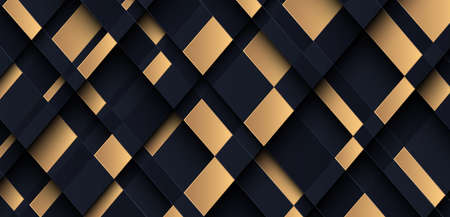 Abstract dark blue and gold geometric shapes pattern background with shadow decoration. Luxury and elegant square shapes texture design. Suit for cover, poster, brochure, flyer, banner, wallpaperのイラスト素材