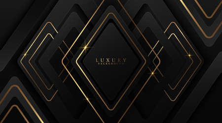 Luxury abstract black geometric shapes background with glitter golden lines. Modern elegant diamond shape texture creative design with shadow. Suit for poster, cover, banner, flyer, website, brochureのイラスト素材