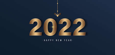 Happy new year 2022 with shiny golden numbers on dark blue background. Vector number hanging on...