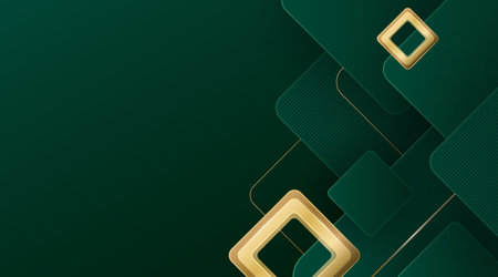 Abstract luxury green gradient geometric pattern background with overlay golden square shapes layer and shadow decoration. Modern geometric shape graphic elements. Luxury and elegant template designのイラスト素材