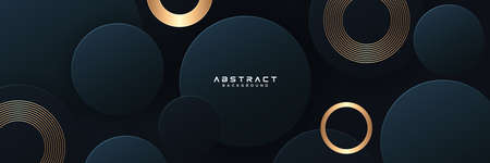 Abstract dark blue and gold circle shapes background with shiny gold lines element. Luxury and elegant geometric shapes texture vector with shadow. Modern horizontal template graphicのイラスト素材