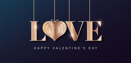 Love text effect. Gold lettering love for valentines day. Hanging gold metallic lettering on blue background. Elegant banner template design. Happy valentines day card. Vector illustrationのイラスト素材