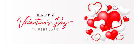 Valentines Day horizontal banner template design. Realistic red and white heart shapes on white background. Suit for poster, banner, greeting card, header, website, wedding, invitation, flyerのイラスト素材