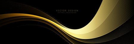 Abstract shiny gold wave elements on black background. Modern luxury golden motion flow lines design. Luxury and elegant style. Suit for banner, poster, brochure, flyer, voucher, website, coverのイラスト素材