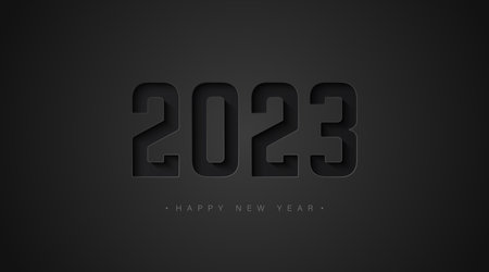 2023 Happy New Year text design. Elegant black background. Paper cut number. Modern banner template....