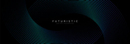 Abstract glowing curve lines on black background. Modern shiny green blue gradient geometric lines...