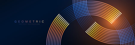 Dark blue abstract background with glowing geometric lines. Modern blue and yellow gradient circle lines pattern. Futuristic technology concept. Horizontal banner template. Vector illustrationのイラスト素材