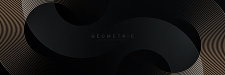 Black abstract background. Elegant dark gradient geometric element. Modern gold circle lines pattern. Luxury style. Horizontal banner template. Suit for cover, banner, brochure, poster, presentationのイラスト素材