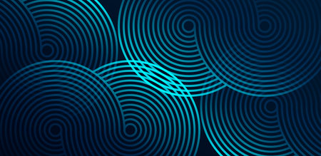 Dark blue abstract background with glowing geometric lines. Geometric stripe line art design. Connected circles. Modern graphic element. Futuristic concept. Minimalist style. Vector illustrationのイラスト素材