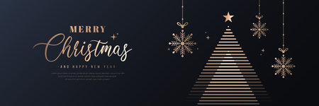 Merry christmas and happy new year banner. Elegant golden line christmas tree, snowflake decoration, star on dark background. Luxury xmas greeting card design. Vector Illustrationのイラスト素材