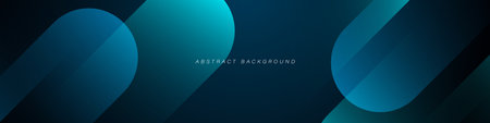 Dark blue abstract background with shiny geometric shape graphic. Modern blue gradient rounded rectangle design. Dynamic shapes. Horizontal banner template. Vector illustrationのイラスト素材