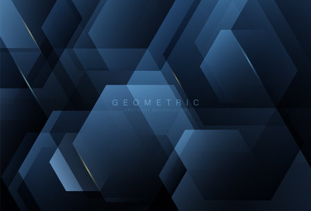 Dark abstract background with geometric shape graphic. Modern elegant shiny blue hexagon shapes. Technology futuristic concept. Suit for banner, poster, flyer, cover, website, science, innovationのイラスト素材