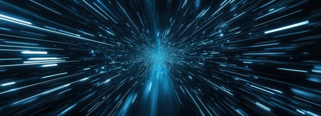 Abstract blue light speed background with glowing lines on a black, futuristic technology wallpaper, and space for text or design. High-quality photo. --ar 83:30 --v 6.1 Job ID: 19012194-c23b-4fb4-803e-cab1bcdd4759の素材
