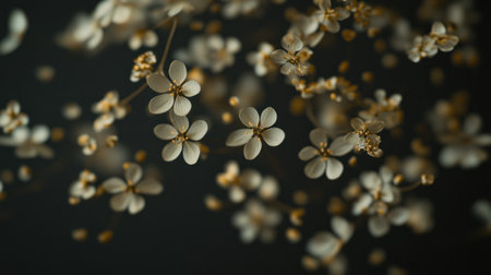 A swarm of tiny white flowers floating in the air, dark background, cinematic, photography, macro shot in the style of Tim Walker and Lensh lenses, hyper-realistic, cinematic lighting, editorial magazine style, super-detailed, sharp focus, studio lighting. --chaos 30 --ar 16:9 --v 6.1 Job ID: 0bef3c39-a80b-4faa-b70e-0accd0d2d05eの素材