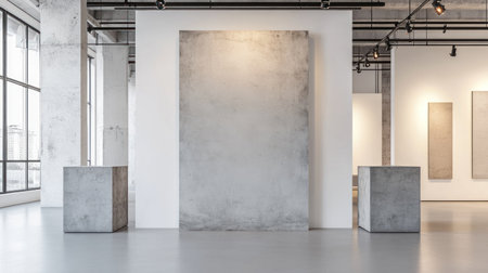 A large, blank wall in an art gallery with three square cube boxes on the left and right sides of it. The background is white and clean. There's no furniture or lighting inside the room. In front of the empty canvas, there should be two LED spotlights hanging from above. This scene creates a minimalist yet elegant atmosphere for showcasing artwork. The focus is placed on the white space where artists can place their paintings or sculptures in the style of their choice. --chaos 30 --ar 16:9 --v 6.1 Job ID: 340788c4-f4aa-4a35-84a2-242e38416850の素材