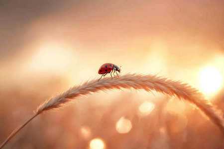 A ladybug perched on the edge of a grass leaf, macro photography, close-up shot, high-definition photography, clean background, high resolution, detail, professional color grading, depth of field, soft shadows, low contrast, sharp focus, hyper-realistic, no grainy textures, professional lighting. --ar 3:2 --v 6.1 Job ID: 5753adb0-8d20-4128-969c-ee42a40be7b7の素材