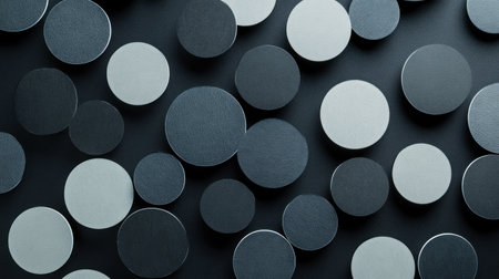 Dark gray background with 3D circles in different sizes, arranged artistically to create an abstract pattern. The circles have soft shadows and light highlights for depth, creating a sense of movement on the dark surface. This design is suitable as wallpaper or texture backdrop, providing visual interest without any text or imagery. It's perfect for various creative projects that need both a modern aesthetic and a simple, uncluttered look. --chaos 30 --ar 16:9 --v 6.1 Job ID: 5b0422b5-6b5e-469e-944e-7e054b49ae5fの素材