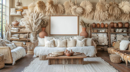 A large blank wall art frame in the middle of a boho-style living room, with a sofa and armchair, terracotta vases, a wooden table, hanging dried pampas grass, wicker furniture, wooden floorboards, wooden accents on the walls, beige wall color, white lighting, and warm tones. Presented in a mockup style. --chaos 30 --ar 16:9 --v 6.1 Job ID: 51b233c7-8b70-48f7-8ccc-0707b54a4352の素材