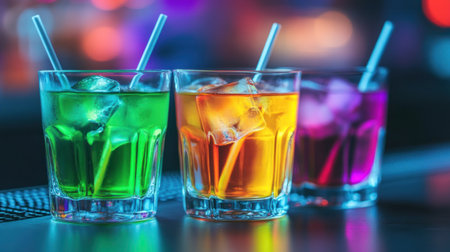 Three colorful cocktails with ice cubes and straws on the bar counter in a nightclub, with a dark background and blurred lights. Close-up of three glasses of cocktail drinks at a nightclub party. Copy space available. High quality. Photographed with a Sony Alpha A7R IV, wide-angle shot. --chaos 30 --ar 16:9 --v 6.1 Job ID: d6735f78-68c8-4de3-abd6-12c8cbaa5beaの素材