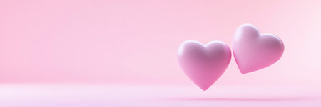 Two pink hearts floating in the air, against a pink background. 3D rendering, in a minimalist style with a simple design. High resolution, high quality, and high level of detail, with high contrast. Conveying a Valentine's Day concept, with a pink color tone. --ar 3:1 --v 6.1 Job ID: dae0f364-8501-464f-af7c-8d223c8d455aの素材