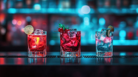 Three colorful cocktails with ice cubes and garnishes on the bar counter, illuminated by neon lights. The scene is captured in high resolution using a Canon EOS R5 camera, with an 80mm f/2 lens at an aperture of f/4 to create a sharp focus. This photo was taken during evening hours, with the background blurred to emphasize the details. --chaos 30 --ar 16:9 --v 6.1 Job ID: 3d97e9cf-1a2f-459e-aaf5-a1175df515b1の素材