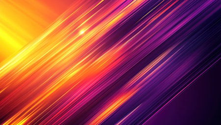Vibrant orange and yellow diagonal lines on a purple background, with glowing light effects, in high resolution. --ar 53:30 --v 6.1 Job ID: ae684ce3-f4d2-4c0e-b5fa-17efc17501d4の素材