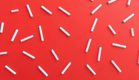 Minimalist white chalk on a red background, flat lay. Minimal concept of cigarette sticks floating in the air. Top view. Minimalism concept. 3D rendering illustration. Banner for mock-up design. --ar 26:15 --v 6.1 Job ID: f20bebcc-3414-436d-8e4c-75a8c6281967の素材