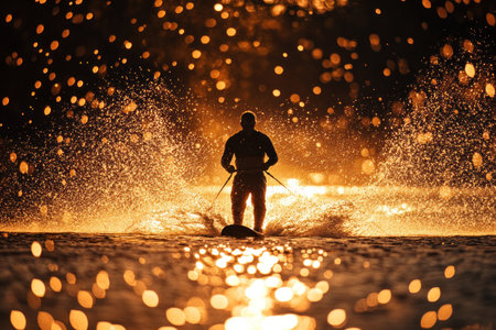 A man water-skis on the lake at sunset, golden light illuminating his silhouette as water splashes around him. The photo was taken with a Sony Alpha A7 IV camera. --ar 3:2 --v 6.1 Job ID: 3cff6f2e-a5c9-4541-9c00-1e609b8da8a3の素材