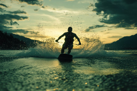 A man waterskiing on the lake, water splashing behind him, sunset in background, green and black color palette, wide shot, shot with Sony Alpha A9 II --ar 3:2 --v 6.1 Job ID: dc6b3e4e-0111-4c06-ad73-70adfd04145eの素材