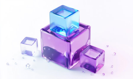 A simple cube, with three purple and blue cubes inside the box, in an isometric view, on a white background, with a glass material, a C4D rendering, in high resolution, with ultra-high details, and a clean composition. The colors of these blocks can be different shades of purple or blue. There should also be some small white cube elements around it to create an overall sense of space. This design will convey simplicity, elegance, technology, modernity, creativity, innovation, and minimalism. --ar 5:3 --v 6.1 Job ID: 26f655e3-a6de-4b9c-a11a-d75e751bc47eの素材