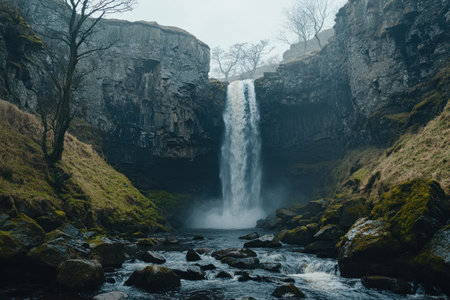 A breathtaking waterfall cascades down moss-covered cliffs in the North Yorkshire moors, creating an enchanting natural scene. The soft light enhances the serene beauty of nature's masterpiece as it flows over rocks and trees. Captured with a Canon EOS R5 using a long exposure to capture the water flow, this image is perfect for scrapbooking or creative artwork. --ar 3:2 --v 6.1 Job ID: 84e46339-f3e0-4527-a820-2475f5ca3aa9の素材