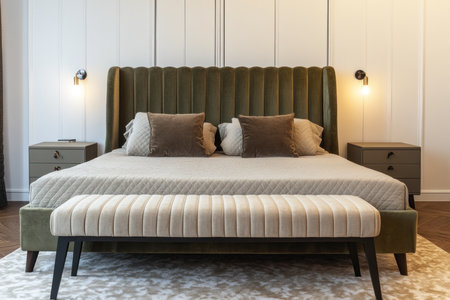 A large double bed with an olive green and beige velvet headboard, two pillows on top of the mattress. In front, there is one long rectangular bench made out of light brown fabric with a soft texture. Beside it stand three nightstands with lamps. Behind that, the wall is white, and the wooden floor has a patterned design. A wardrobe stands against the background, creating a warm lighting atmosphere. This is a photorealistic photography scene. --ar 3:2 --v 6.1 Job ID: a23fb67c-67d9-4c07-a30d-f81b95918b19の素材