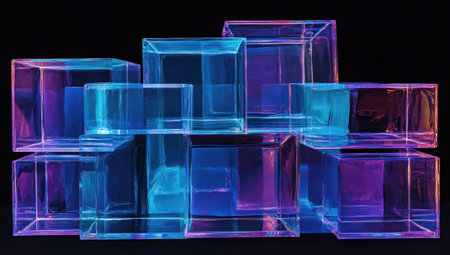 A series of transparent blue and purple rectangular cubes stacked on top of each other, creating an abstract shape against a black background. The cubes have reflective surfaces that catch the light to create vibrant colors along their edges. There are no text or additional elements, just pure minimalistic shapes. --ar 53:30 --v 6.1 Job ID: d9fa5d2b-8f59-4a20-8155-97562f671c85の素材