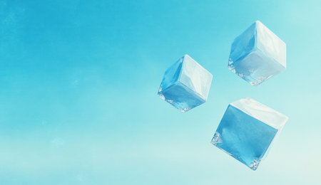 A few blue cubes floating in the air on a solid background, 3D rendering, minimalism, simple and clean light blue gradient background, c4d, blender, OC renderer, dribbble, behance, high resolution --ar 26:15 --v 6.1 Job ID: acd6e4f3-3757-43c8-a865-9a8d56210298の素材